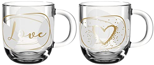 Leonardo Presente Geschenk-Tassen 2er Set mit Schriftzug Herz & Love, spülmaschinengeeignete Glas-Tassen, Tee-Tassen mit goldenem Schriftzug und Motiv, 400 ml, 025604
