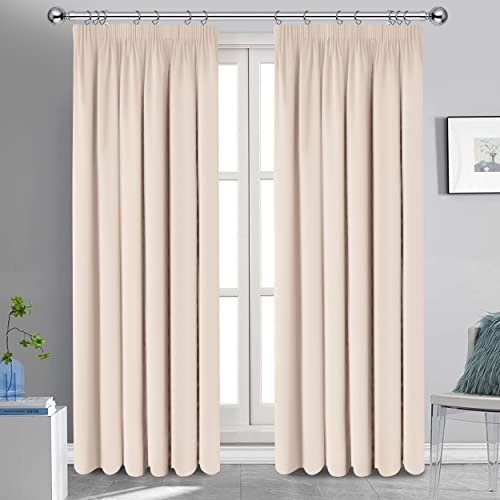 Oxford Homeware Blackout Curtains Bedroom Pencil Pleat Readymade Living Room Window Curtain Tape Top Thermal Insulated Kitchen Curtains+ 2 Tiebacks (Cream, 90 x 72 (228cm x 183cm))