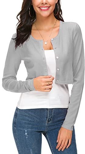 Mujeres Casual Manga Larga Bolero Cuello Redondo Corta Cárdigan Elástico Suéter de Punto Shrug con Botones (XL, Ligero Gris)