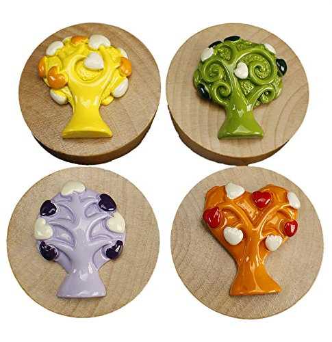DLM-32676 (Kit 6 Pezzi) Apri Bottiglie Apribottiglie con Calamita Moderno Design Tondo in Legno con Albero della Vita Colorato Cuori Nozze Comunione bomboniera