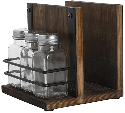 MyGift Napkin Holder with Salt and Pepper Shakers Set, Wood Tabletop Napkin Dispenser with Condiment Organizer and 3 Glass Shakers, Rustic Kitchen Décor
