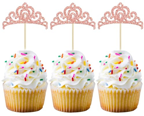 Gyufise 24Pcs Rose Gold Princess Crown Cupcake Toppers Glitter Princess Cake Pick Decorations for Wedding Girl Birthday Baby Shower Party Decorations