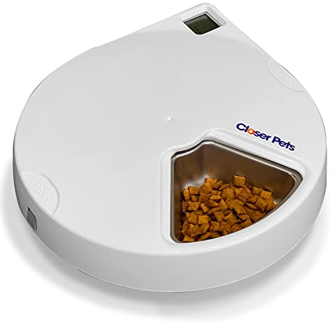 Closer Pets C500 5 Bowl Digital Timer-Controlled Automatic Pet Feeder - 5-Meal Feeder with Stainless Steel Bowl and Ice Packs, Wet or Dry Food, 5 Meals Up To 330 g Each, White