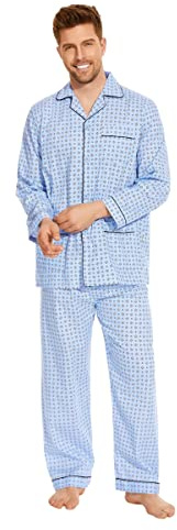 GLOBAL Pijama Hombre 100% Algodón Ropa Dormir Manga Larga y Pantalón Largo Calido Estar en Casa Comodo Geometría Azul S