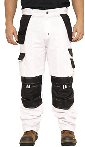 Rider Protec Mens Painters Trousers Decorators Trouser Mens White Cargo Combat Pants Work Trousers Men Working Pants for Men, 32W / 32L