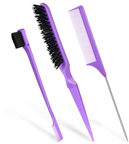 AOOWU Teasing Brush Set, Slick Back Hair Include Bristle Double Sided Edge Rat Tail Comb, Styling Comb Set for Women Salon Slicking Hair, Creating Volume, Purple, 1.0 count