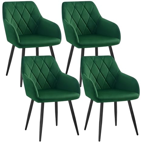 WOLTU 4er Set Esszimmerstühle mit Armlehne Rückenlehne, für Esszimmer Wohnzimmer Küche, Bequeme Küchenstühle gepolstert mit Samtbezug, Metallbeinen, Dunkelgrün | Mittlere Rückenlehne, mit Metallbeinen, modernes Design, geeignet für Schlafzimmer und Wohnzimmer