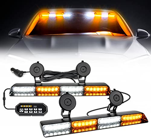 JMEST LEAD White Amber 48 LED Emergency Strobe Lights w/9-Key Controller 2x 16.8 inch Interior Dash Windshield Strobe Light w/Suction Cups 12V 24V LED Strobe Warning Lights Bar For Cars Vehicles