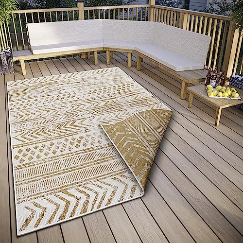 Hanse Home Northrugs Biri In- & Outdoor Wendeteppich - Flachgewebe, Boho Design, ÖKO-TEX, Wetterfest & UV-beständig für Balkon, Terrasse, Garten - Ocker, 200x290cm