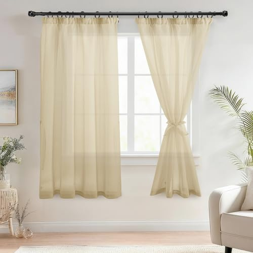 DWCN Voile Vorhänge mit Kräuselband Leinenoptik 2 Stücke Halbtransparent Vorhänge für Wohnzimmer,Durchsichtige Gardinen,Beige,175x140cm (Höhe x Breite)