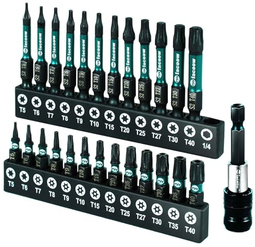 Facoow Torx-Set (T5-T40), 26-teiliges magnetisches Sicherheits-Torx-Stern-Set, S2-Stahllegierung, 2,5 cm und 5,1 cm langes Schlagdrehmoment