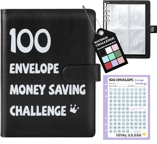Fabmaker 100 Envelopes Money Saving Challenge Binder, Savings Challenges Book with 100 Envelopes & Tracker, Savings Binder l Save $5050 in Fun & Motivating Way, A5 Envelope Challenge Binder Kit,Black