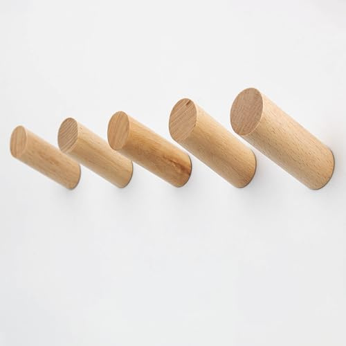 evory Wood Wall Hooks,5 Pack Natural Wooden Coat Hooks Wall Mounted,Handmade Rustic Hat Hooks Heavy Duty Entryway Wall Hangers for Hanging Towels, Clothes, Bags (Beech Wood)