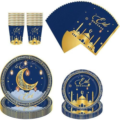 Haowul Eid Mubarak Table Varelle Blue Ramadan Festival Ramadan Définit des Napots en Papier Jetables Plaques Plaques De Fête Musulmane Supplies