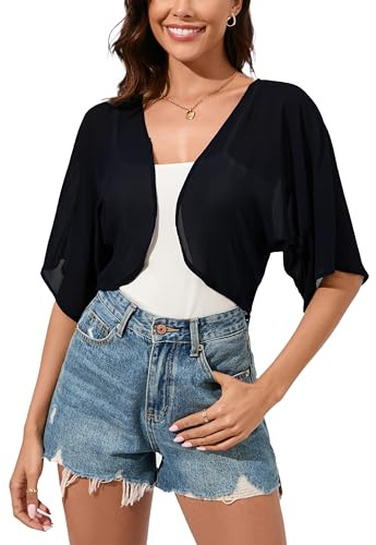Dosieyeo Damen Bolero Festlich Chiffon Jäckchen 3/4 Arm Bolerojacke Leicht Luftig Sommer Cardigan für Abendkleider Schwarz,L