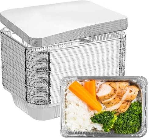 GBACHOOSE 50 bandejas de aluminio con tapa de 1000 ml, bandejas de aluminio, para barbacoa, desechables, cuadradas, de aluminio, para asar, hornear, cocinar, llevar
