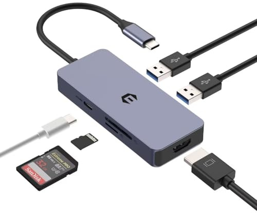 OOTDAY Concentrador USB C, Adaptador Ethernet USB C a HDMI 4K, Adaptador LAN 6 en 1, Adaptador multipuerto USB C para Ordenador portátil, Surface Pro, 100 W PD, USB 3.0, Lector de Tarjetas SD/TF