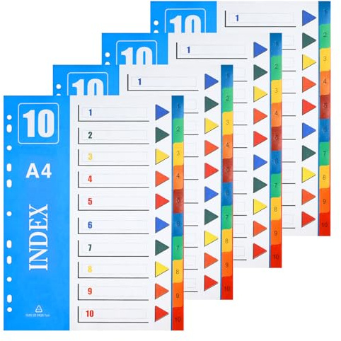 XHDA 1-10 Part A4 Dividers, 4 Pack Multi-Colour 11-Hole Index | PP Plastic Material, 11-Hole Punched, Writable Index Page, Multi-Colour Tabs, for 2, 3, 4 and 11 Ring Binders