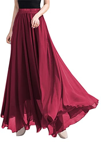 Generic Jupe Longue En Mousseline De Soie Femme Mode Fluide Couleur Unie Taille Haute Jupe Boheme Chic Et Elegant Confortable Et Respirant D'été Extérieure Décontractée Rouge XL