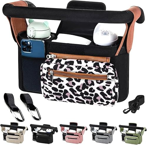 HINATAA Bolsa Organizadora Para Cochecito, Bolso Organizador Carrito Beb con Portavasos Aislado y Correa para el Ajustables Hombro, para Pañales y Juguetes, Cochecito de Bebé con 2 Ganchos (Leopardo)
