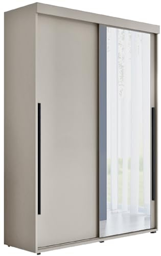 Meble Slupia Kleiderschrank Schiebetüren Slim 1-160 x 202 x 46 cm - Schrank Schlafzimmer, Vorraum, Garderobe - Tür mit einem Spiegel, Kleiderstange - Holzwerkstoff, Schwarze Griff, Kaschmir