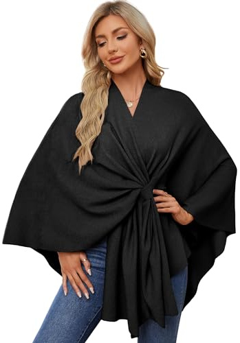 PULI - Poncho elegante da donna in maglia, poncho e mantelle, apertura frontale, sciarpa avvolgente versatile con linguetta, Nero , Taglia unica
