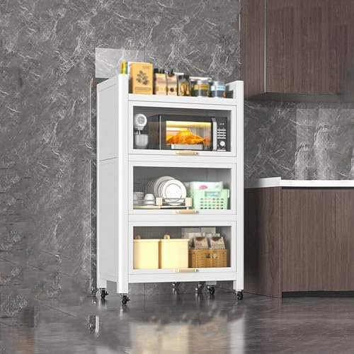 Vorratsschrank Küche 80 cm Breit mit Rädern und Fußpolstern, Sideboard Küche Weiß Mikrowellen-Regal, Stehend 3/4/5 Regalebenen und 4 Haken(Size:4 Tier,Color:50cm)