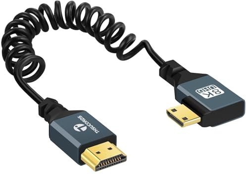 Thsucords Spiralkabel 8K Mini HDMI auf HDMI 1M, 90 Grad Rechtwinkliges HDMI auf Mini HDMI,Stecker auf Stecker Spiralkabel, Unterstützt 8K @ 60Hz 4K @120Hz 48 Gbps für Nikon/Canon DSLR, Camcorder,