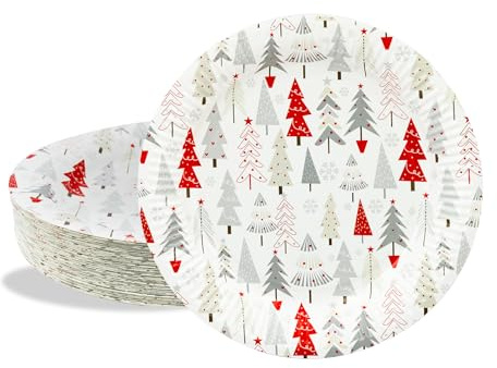 BFB Weihnachten Pappteller Set 18cm Dessertteller Weiß Weihnachtsbäumen 50 Stück Weihnachtsfeier Partyteller Tischdekoration, Geschirrdekoration