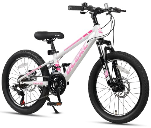 Glerc Skyline barn mountainbike för pojkar flickor, 20 tums cykel för 6 7 8 9 10 11 12 år tonåringar, 21-växlad cykel med framhjulsfjädring och skivbromsar och stabil ram, rosa