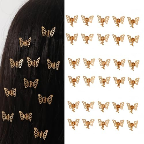 20 fermagli per capelli a forma di farfalla, in metallo, decorativi, con elegante design a farfalla, per dreadlock e trecce, da donna (dorato)