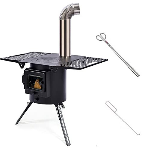 Zelt Herd Holzofen, Runder Holzofen, Schornstein-Set, Schwarz, tragbarer mobiler Holzofen, Camping-Heizung, for Outdoor-Zelt, Reisen, Picknick, Grillen, Heizen zu Hause, Kochen(76x50x43-62cm)