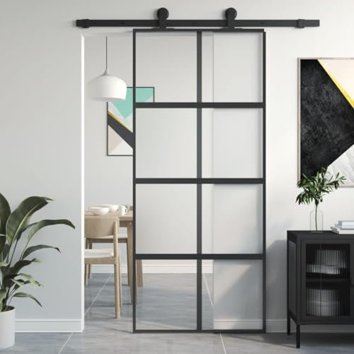 Cinyiqo 155223 Sliding Door Black 90x205 cm Tempered Glass and Aluminium Aluminum Frame Barn Door Panel,Modern Interior Door Kit for Office Kitchen Living Room Shower Door Room Dividers