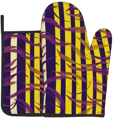 Oven Mitts and Pot Holders Set of 2 Heat Resistant Oven Gloves and Potholders Purple and Yellow Stripes BBQ Gloves Hot Pads Cooking Gloves for Kitchen Baking Grilling