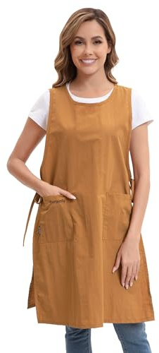 Nanxson Damen Herren Schürze, Kittelschürze, Kochschürze, Kleiderschürze | Lang Seitenschlitz Latzchen, Hauskleid, Kittel mit Taschen, für Kochen, Küche, Backen, Malerei