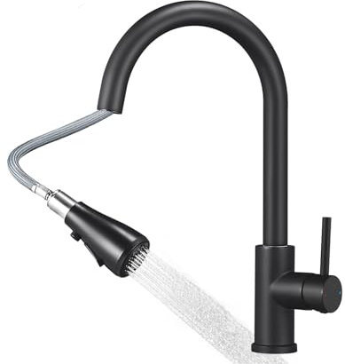 CECIPA Rubinetto Lavello Cucina Nero con 3 Tipi di Modalità, Miscelatore con Doccetta Estraibile, Pressione Orientabile a 360° Monocomando, Rubinetto Cucina con Doccetta Estraibile in Acciaio Inox