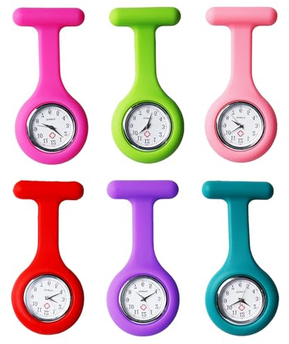 Sporgo 6 unidades de reloj de enfermera: reloj de bolsillo con clip, broche de silicona, reloj de cuarzo, para enfermeras, médicos, estudiantes, etc, Verde oscuro + rojo + morado +
