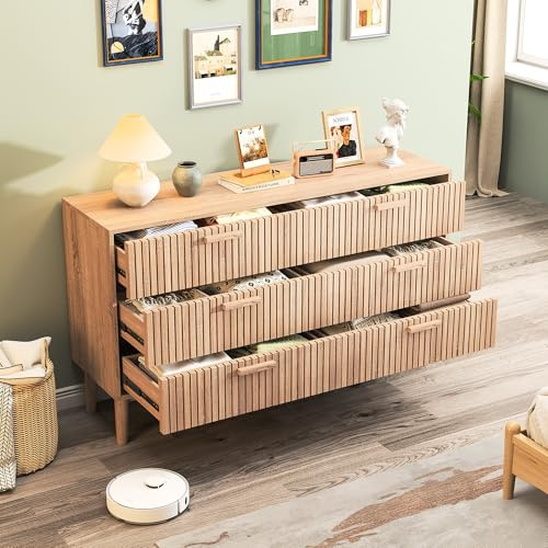 JiaOyu Sideboard, Kommode fürs Schlafzimmer mit 5 Schubladen, breite Kommode aus Holz, Schubladenschrank Anrichte für Wohnzimmer Flur, Eingangsbereich (Khaki+Streifen, 100cm)