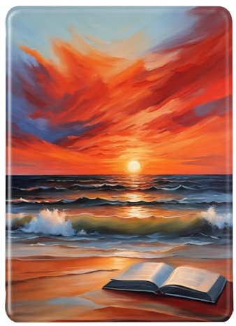 Hülle für Kindle Paperwhite 12. Gen 2024 Hülle Flip Silikon Schutzhülle Kindle Colorsoft Auto Aufwachen oder Schlafen PU TPU Case Dämmerung Strand Buch Muster Signature Edition Hülle 7 (Color 1)