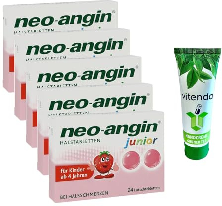 Neo-Angin Junior Halstabletten 5x24Stk inclusive einer Handcreme von vitenda - lindert Halsschmerzen und beruhigt die Schleimhaut in Mund und Rachen