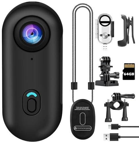 bayehngs 1080P Thumb Action Camera,Portable Small Body Camera, Hands-Free POV Recording Body Cam for Cycling, Motorcycle,Travel, Outdoor Adventures (64GB Standard Bundle)