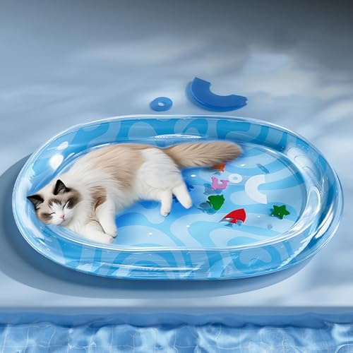 Wassermatte für Katzen mit Fischen, verdickte rutschfeste Katzenspielmatte mit schwimmendem Fisch-Design, interaktives Haustierbett-Spielzeug für Indoor-Katzen, Sommer, langlebige und leicht zu