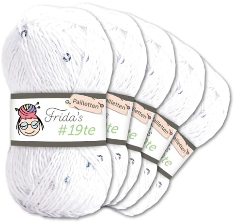Frida's Wollhaus Frida's 5 x 50 g #19te Pailletten Effektgarn Sommergarn Baumwolle Häkeln Stricken Wolle Garn 17 Farben (7102 | Weiß)