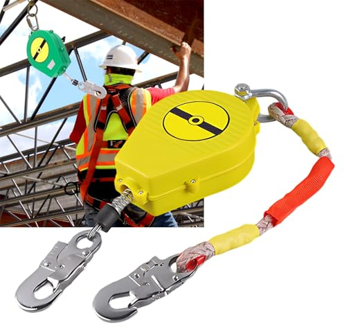 BOVDC Dispositif Antichute a Rappel Automatique, 3-20 Mètres Harnais de Securite Anti Chute Toiture avec Crochet Autobloquant, Ligne de Vie Auto-Rétractable Travaux en Hauteur(Jaune,5 mètres)