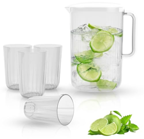 2L Water Jug with Lid, Reusable Plastic Jugs with 4 Tumblers, Drinking Jugs & Vented Spout for Hot/Cold Water Juice Jug with Handle for Home Fridge Door