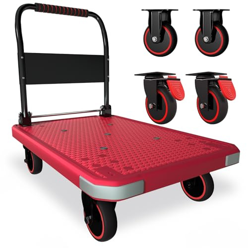 WUD Foldable Hand-Push Platform Truck with Brake, 360-Degree Swivel Wheels, 35.4”L x 23.6”W, 880 lb Load Capacity, Suitable for Luggage, Travel, Moving, Shopping, Office, Home Garden,Pink