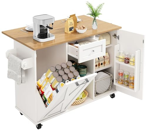 Isola da cucina, carrello da cucina per pattumiera, armadio da cucina, tavolo da pranzo multifunzione con spazio di archiviazione, carrello da pranzo con mensole per snack e armadi funzionali