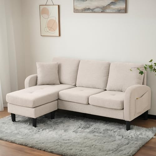 Generisch L-förmiges Ecksofa mit Chaiselongue – 3-Sitzer Sofa, 166 x 118 x 77 cm, Atmungsaktiver Baumwoll-Leinenstoff, Kunststoffbeine, Modulares Design, Ideal für Wohnzimmer, Apartments und Büros