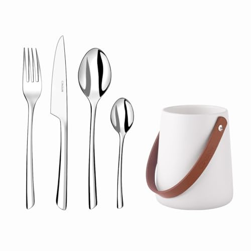 COUZON - Ménagère 24 couverts de table pour 6 personnes et support de rangement - J'ai Goûté - Acier inoxydable 18/10, Finition Miroir, Epaisseur 4 mm - Inox