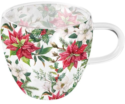 Ambiente Teetasse Tasse für Heissgetränke Glas Borosilikat doppelwandig 0,2L christmas florals Christstern Poinsettia Advent Weihnachten